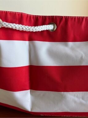 Macy's  Red And White Striped Drawstring White
Rope Beach Tote Bag.